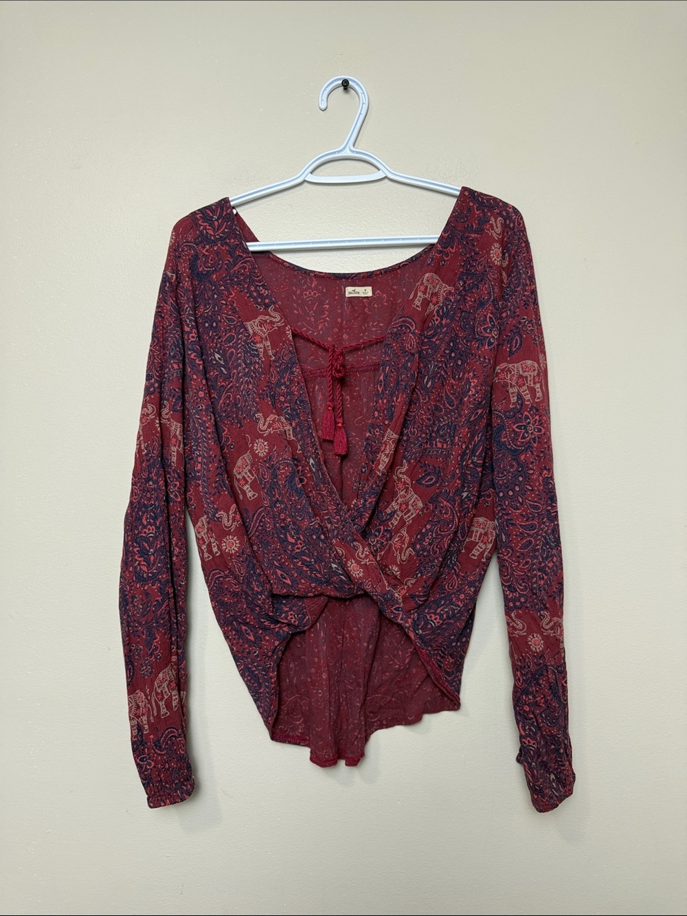 Hollister Burgundy Paisley & Elephant Wrap Blouse size M